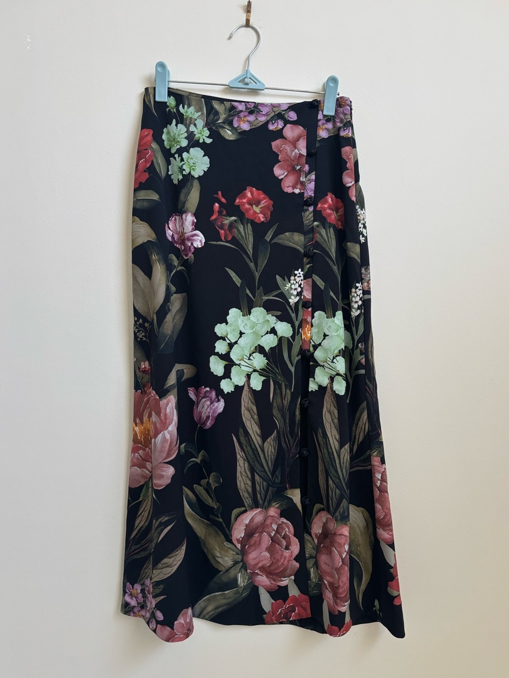 Floral A-Line Midi Skirt in Black with Floral Print